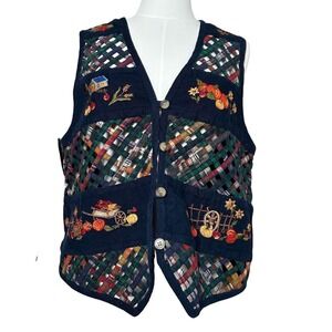 Vintage Cascade Blues Womens M Navy Corduroy Embroidered Fall‎ Farmhouse Vest